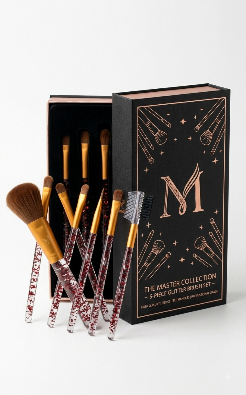 Luxury Rose Gold & Red Glitter Makeup Brush Set with Designer Gift Box