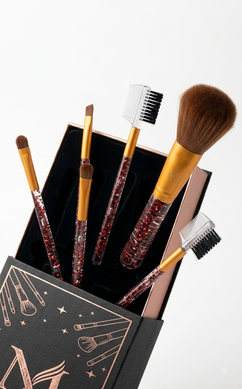Luxury Rose Gold & Red Glitter Makeup Brush Set with Designer Gift Box