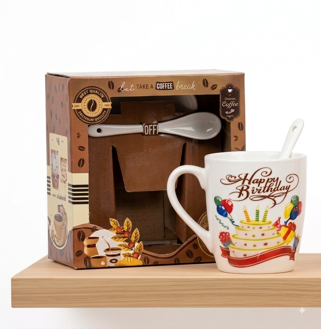Premium Ceramic Happy Birthday Gift Mug with Spoon & Gift Box