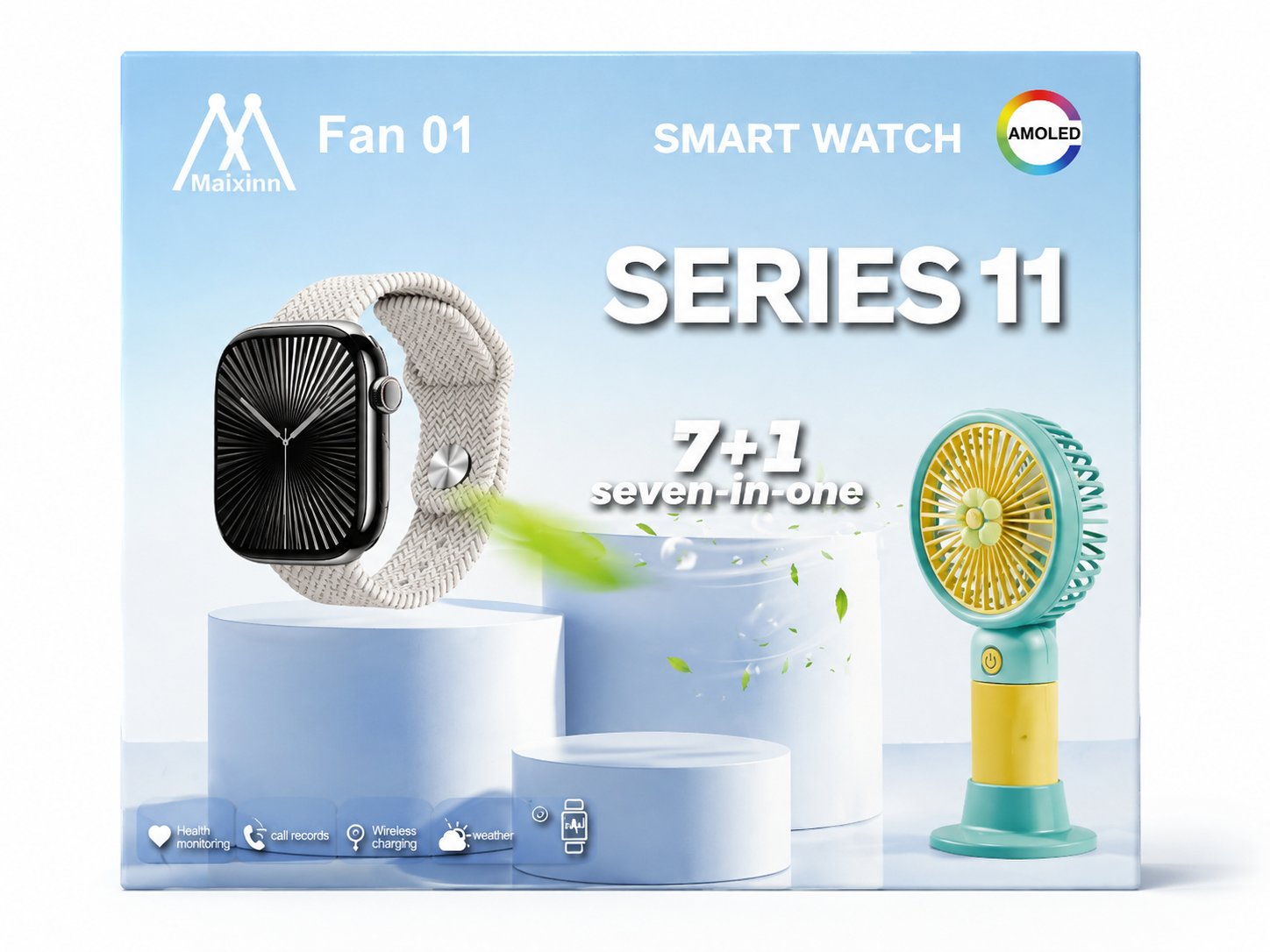 Maixinn Series 11 Smart Watch 7+1 Seven-in-One – AMOLED Smartwatch with Multiple Straps, Wireless Charging & Mini Fan