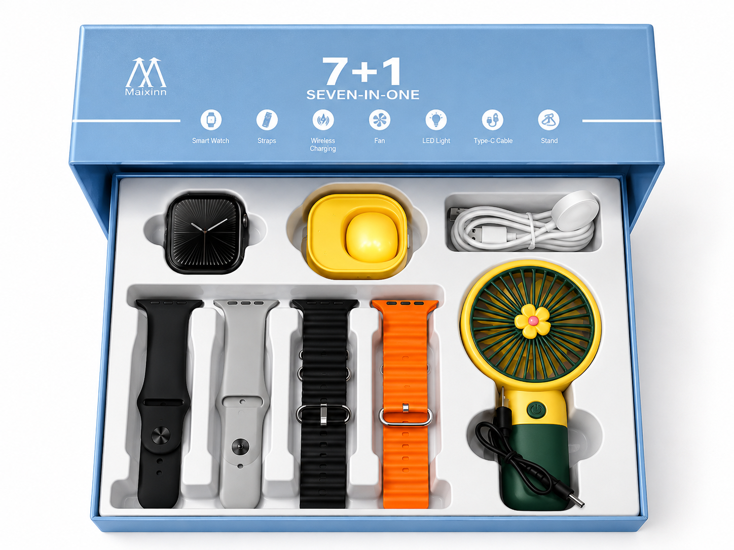 Maixinn Series 11 Smart Watch 7+1 Seven-in-One – AMOLED Smartwatch with Multiple Straps, Wireless Charging & Mini Fan