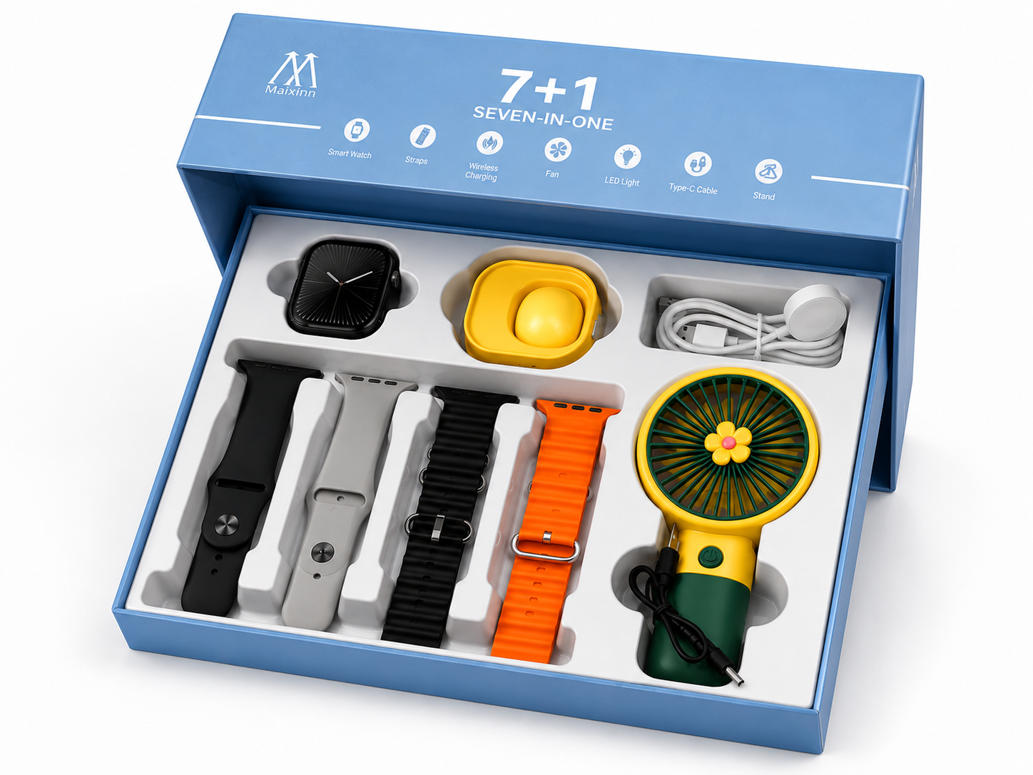Maixinn Series 11 Smart Watch 7+1 Seven-in-One – AMOLED Smartwatch with Multiple Straps, Wireless Charging & Mini Fan